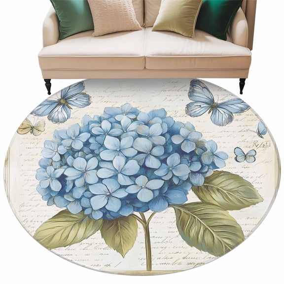 Blue Hydrangea Large Area Rugs for Bedroom Living Room, Soft Non Slip Carpet Bedside Rug, Spring Vintage Botanical Butterfly Round Floor Cover Kitchen Accent Rug 5' for Dining Room/Office