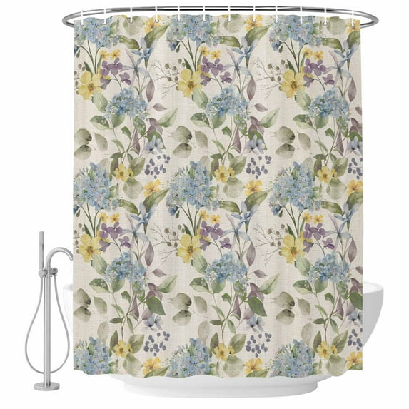 Blue Hydrangea Leaves Fabric Shower Curtain Wildflowers Plant Beige Washable Shower Curtains for Bathroom, Waterproof Bath Curtain with Hooks Home Decor 36x72in