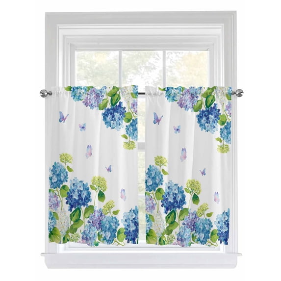 Blue Hydrangea Living Room Curtains 2 Panel, Farmhouse Butterfly Spring Floral Cafe Window Treatment, Farmhouse Bedroom Bathroom Kitchen Curtains Drapes 104"x45"