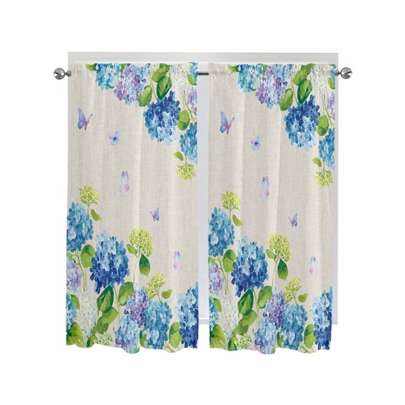 Blue Hydrangea Living Room Curtains 2 Panel, Linen Texture Butterfly Spring Floral Cafe Window Treatment, Extra Long Farmhouse Bedroom Bathroom Kitchen Curtains Drapes 104"x72"