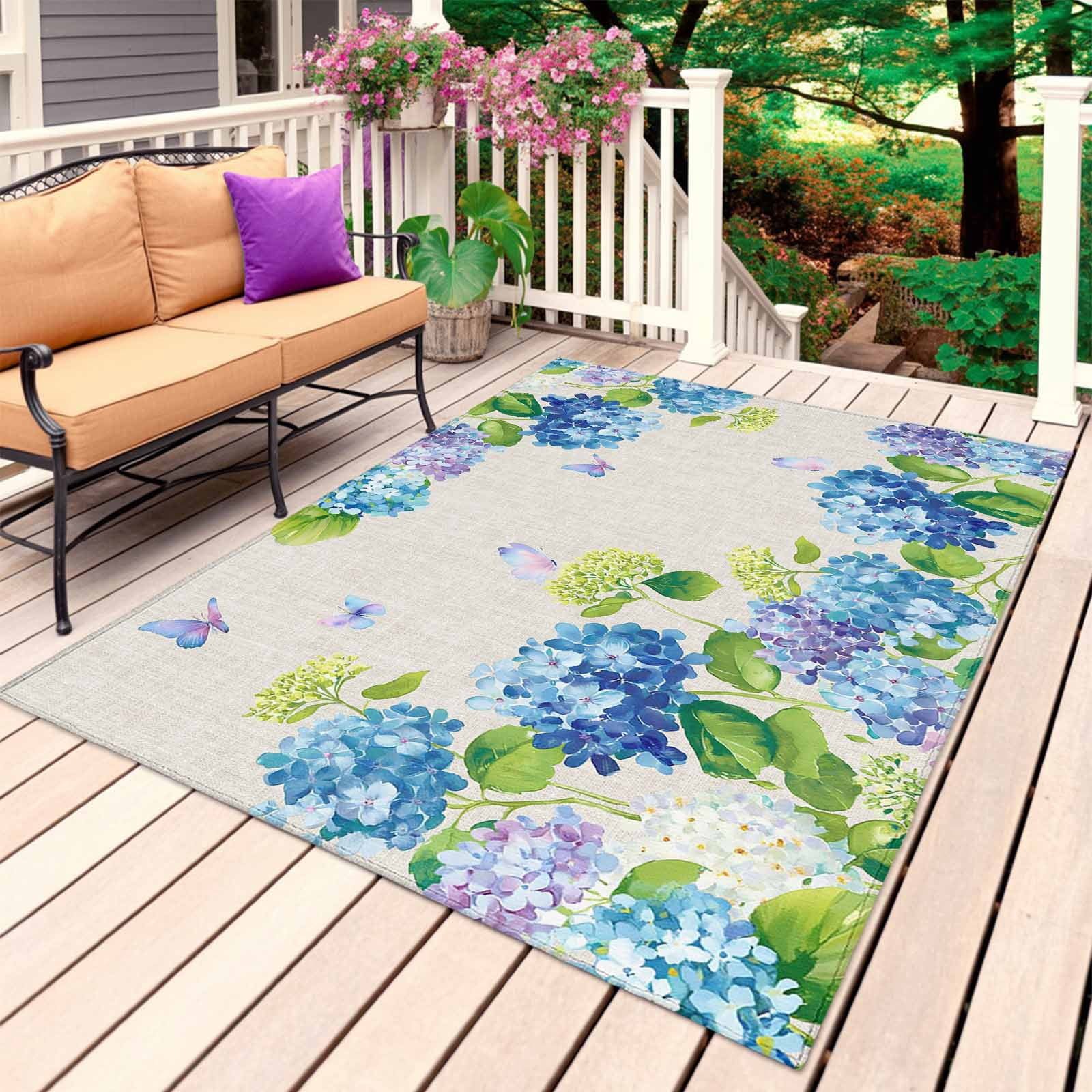 Blue Hydrangea Outdoor Rug 6x9 Ft, Non Slip Washable Area Rug, Linen ...