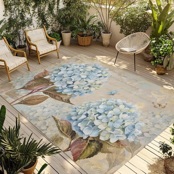 Blue Hydrangea Outdoor Rug for Patio/Deck/Porch, Non-Slip Large Area Rug 3 x 5 Ft, Flowers Leaves Butterfly Retro Khaki Indoor Outdoor Rugs Washable Area Rugs, Reversible Camping Rug Carpet Runner