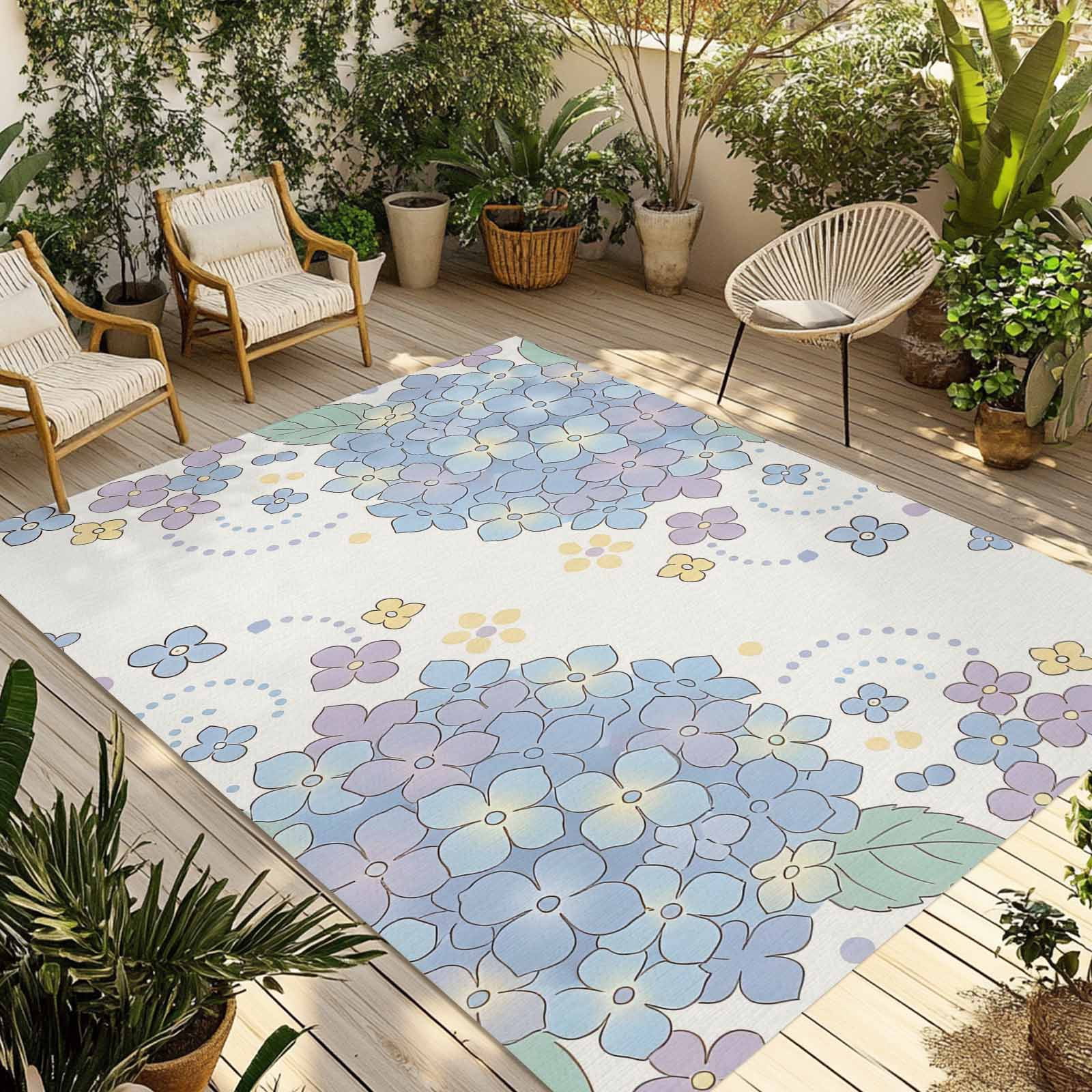 Blue Hydrangea Outdoor Rug for Patio/Deck/Porch, Non-Slip Large Area ...