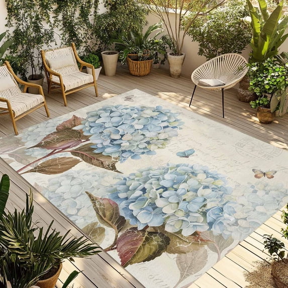 Blue Hydrangea Outdoor Rug for Patio/Deck/Porch, Non-Slip Large Area Rug 4 x 6 Ft, Spring Floral Leaves Butterfly Vintage Beige Indoor Outdoor Rugs Washable Area Rugs, Camping Rug Carpet Runner