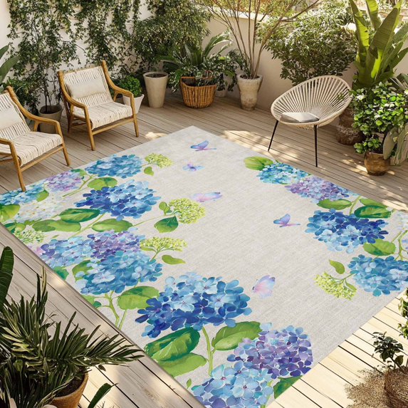 Blue Hydrangea Outdoor Rug for Patio/Deck/Porch, Non-Slip Large Area Rug 5 x 7 Ft, Linen Texture Butterfly Spring Floral Indoor Outdoor Rugs Washable Area Rugs, Reversible Camping Rug Carpet Runner