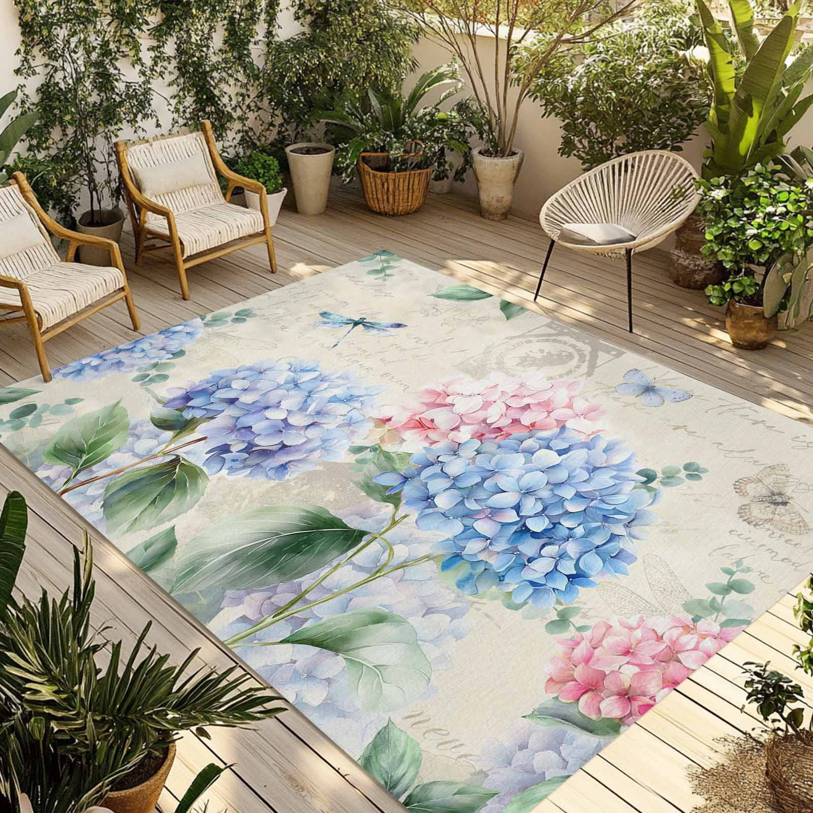 Blue Hydrangea Outdoor Rug for Patio/Deck/Porch, Non-Slip Large Area ...