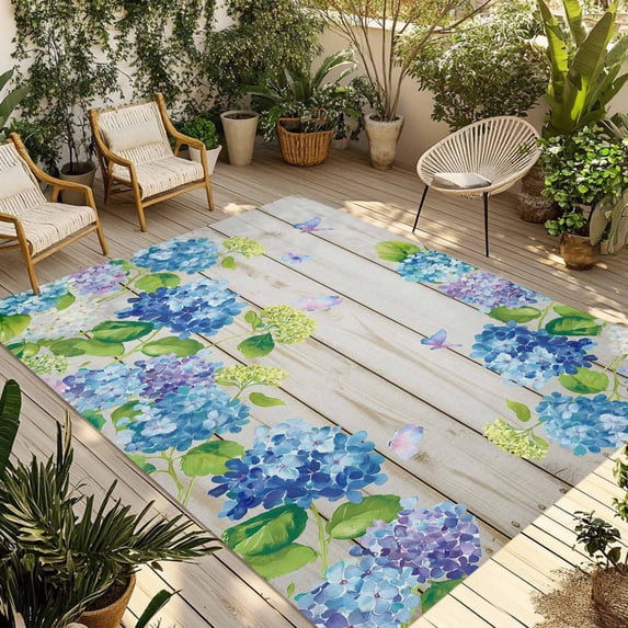 Blue Hydrangea Outdoor Rug for Patio/Deck/Porch, Non-Slip Large Area Rug 6 x 9 Ft, Rustic Wooden Butterfly Spring Floral Indoor Outdoor Rugs Washable Area Rugs, Reversible Camping Rug Carpet Runner