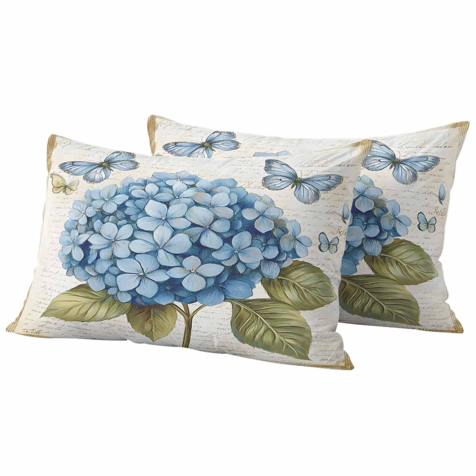 Blue Hydrangea Outdoor Waterproof Pillow Covers, Spring Vintage Botanical Butterfly Decorative Rectangle Throw Pillowcase Sofa Cushion Sham for Patio/Couch/Chair, 20"x12" 2 Pack