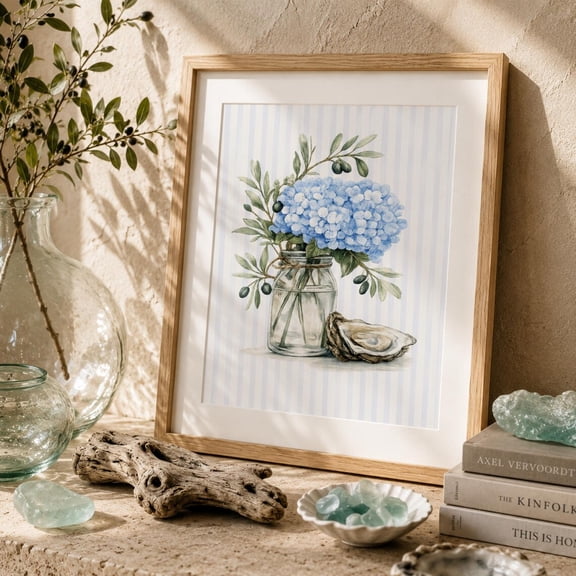 Blue Hydrangea Oyster Wall Art Coastal Botanical Print Hamptons Beach House Decor, Unframed Paper Print