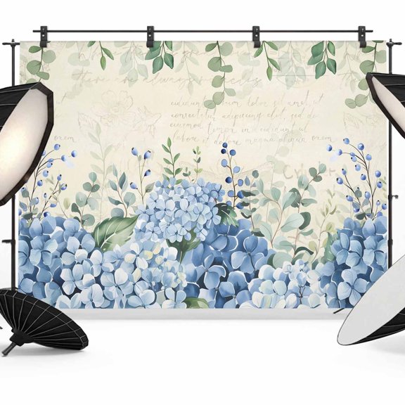 Blue Hydrangea Photography Backdrop 7x5FT, Watercolor Spring Blue Floral Green Leaf Beige Letter Background Photo Backdrops, Background for Photography Studio, Back Drop for Photoshoot