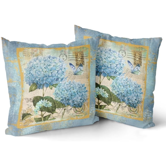 Blue Hydrangea Pillow Cover Set of 2 Vintage Floral Pillowcases Decorative Cushions Pillowcase for Bedroom Sofa Home Decor, 18x18 Inch