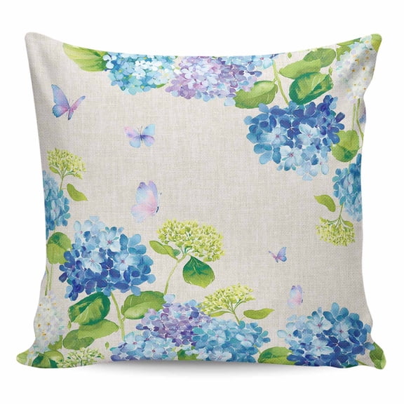 Blue Hydrangea Pillow Covers 16x16 Inch Decorative Throw Pillow Cover, Linen Texture Butterfly Spring Floral Sofa Pillowcases Accent Cushion Case Home Decor Bedroom Living Room