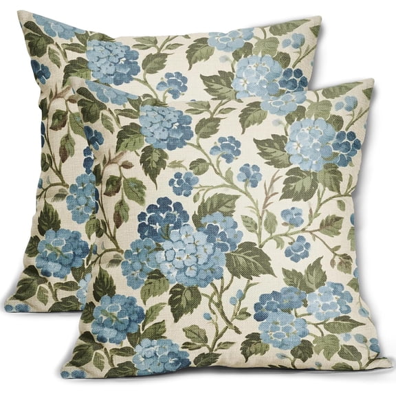Blue Hydrangea Pillow Covers 20x20 Inch Set of 2 Vintage Farmhouse Floral Spring Summer Decorative Throw Pillowcases Seasonal Rustic Outdoor Cushion Cases Decor for Sofa Couch Bed