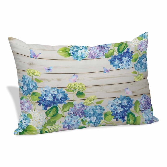 Blue Hydrangea Pillow Covers, Linen Long Throw Pillow Case, Rustic Wooden Butterfly Spring Floral Holiday Pillow Protector Decorative Cushion Cover for Living Room/Bedroom 16" x 24"