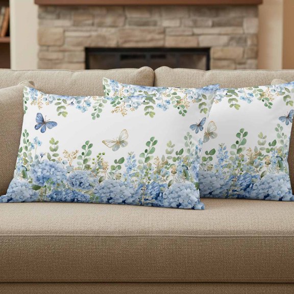 Blue Hydrangea Pillow Covers Set of 2, Rustic Summer Blue Floral Butterfly 12x20 Inch Decorative Throw Pillow Covers Soft Pillowcases with Zipper for Couch Sofa Bed Chair