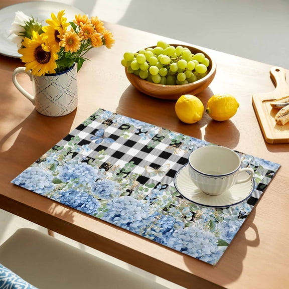 Blue Hydrangea Placemats Set of 4, Rustic Summer Blue Floral Butterfly Black Plaid Non-Slip Place Mats Washable Table Mats for Kitchen Dining Table Decorations Indoor/Outdoor