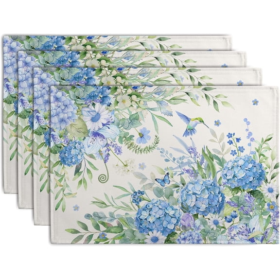 Blue Hydrangea Placemats Set of 4 Spring Summer Floral Green Leaf Bird Table Mat 12x18 Inch Rustic Daisy Flowers Hummingbird Place Mats for Party Kitchen Dining Outdoor Indoor Decor