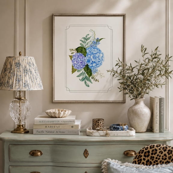 Blue Hydrangea Print Coastal Cottage Botanical Artwork Hamptons Garden Decor, Unframed Paper Print