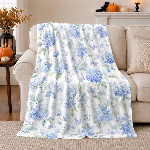 Blue Hydrangea Purple Butterflies Beige Sofa Watercolor, Peaceful Pet Portrait Pattern, Warm Flannel Blanket for Living Room and Reading Nook, Cat Lovers Thanksgiving Gift, Pet Lover Home Decor