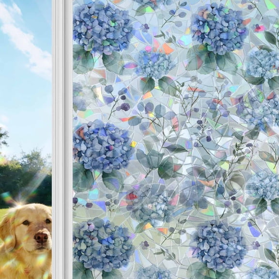 Blue Hydrangea Rainbow Window Privacy Film, Eucalyptus Leaves Watercolor Plant Farm Stained Glass Window Film, Sun Blocking Glass Clings Static Cling Non Adhesive Door Stickers 17.7 x 39.3 Inches