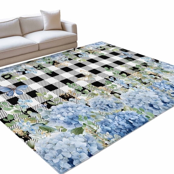 Blue Hydrangea Rectangle Rug 5'x8' Rustic Summer Blue Floral Butterfly ...
