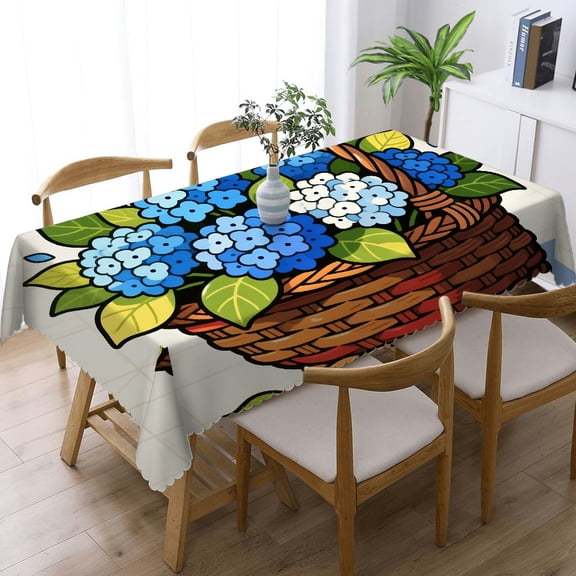 Blue Hydrangea Rectangular Tablecloth, Festive Table Setting - Polyester Tablecloths Tablecloths for dining table, Cafe, dinner, picnic