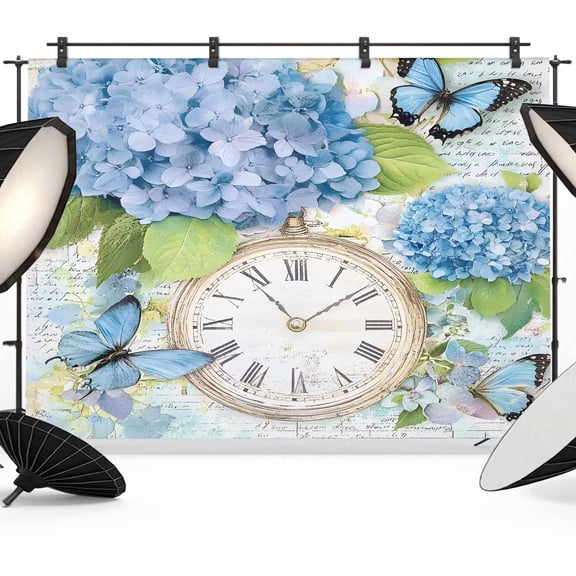 Blue Hydrangea Retro Backdrop for Photography,Fabric Photo Background Backdrop,Spring Summer Clock Butterfly Photo Booth Background for Portrait Photoshoot Video Wedding Decoration Banner 10x8ft