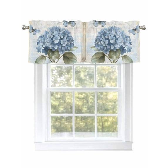 Blue Hydrangea Retro Curtain Valances for Windows, VintageBotanical Floral Blossom Kitchen Valance Window Treatment, Light Filtering Block Curtains for Bathroom/Bedroom/Living Room 42'' x 12''