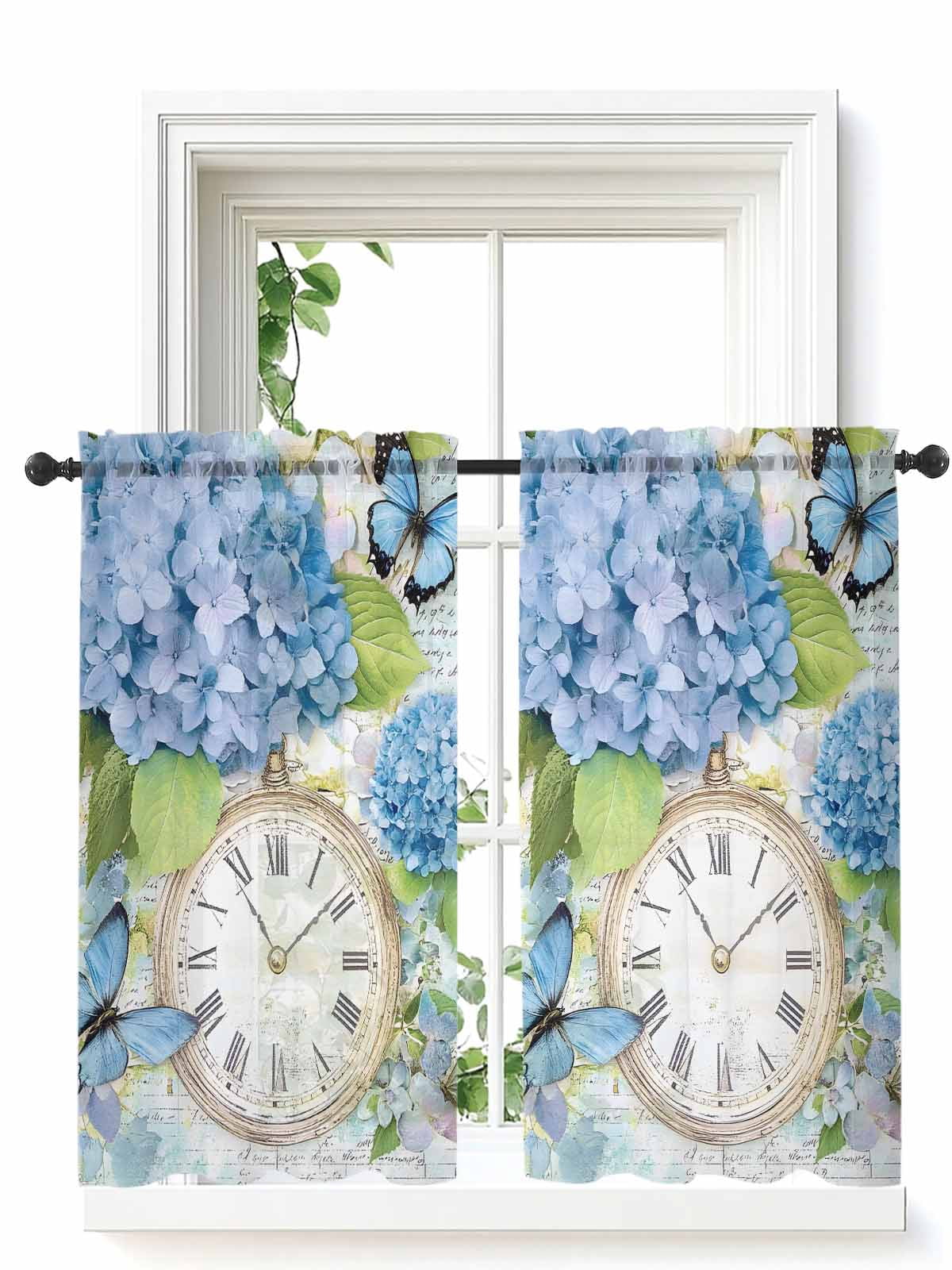 Blue Hydrangea Retro Curtains 45 Inch Length, Sheer Curtains for ...