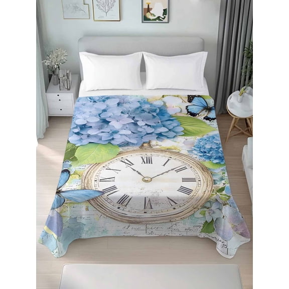 Blue Hydrangea Retro Queen Size Flat Sheet, Wrinkleproof & Fadeproof Cooling Flat Bed Sheet Only, Spring Summer Clock Butterfly Breathable Soft Bedding Top Sheets 90 x 102 Inches