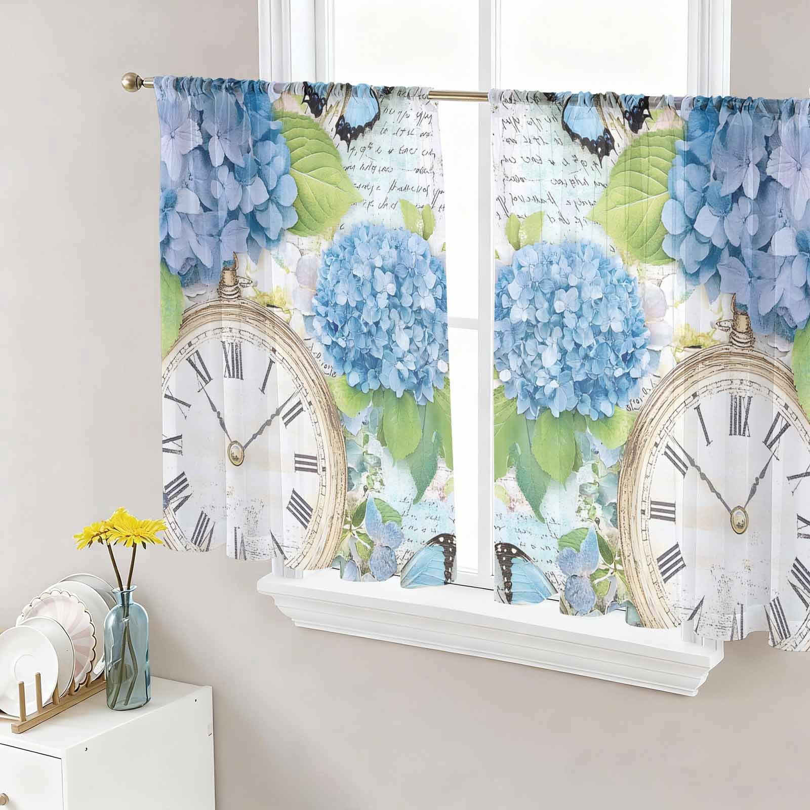 Blue Hydrangea Retro Semi Sheer Curtains 54 Inch Length 2 Panels Set ...