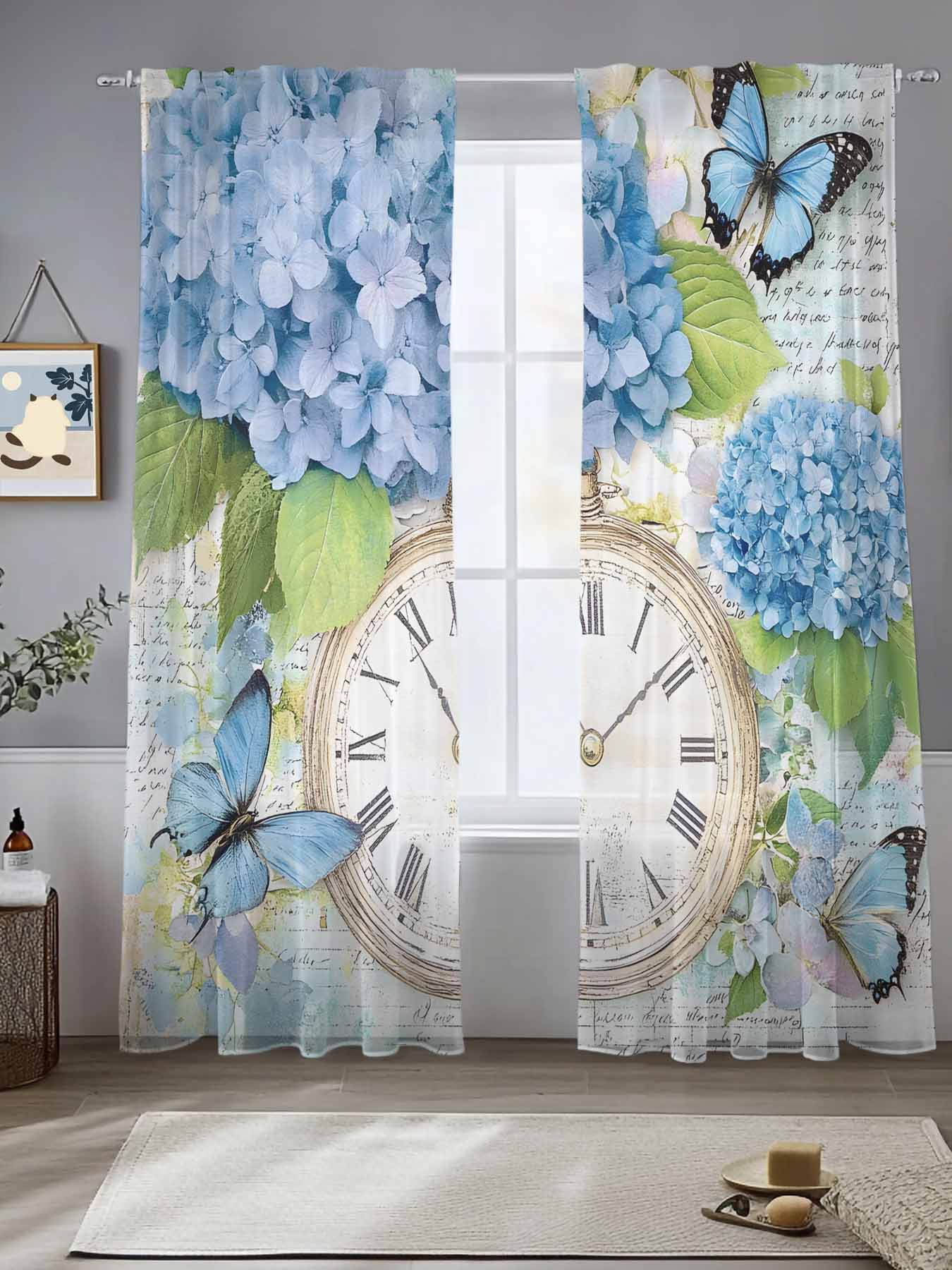 Blue Hydrangea Retro Sheer Curtains for Living Room Bedroom Spring ...