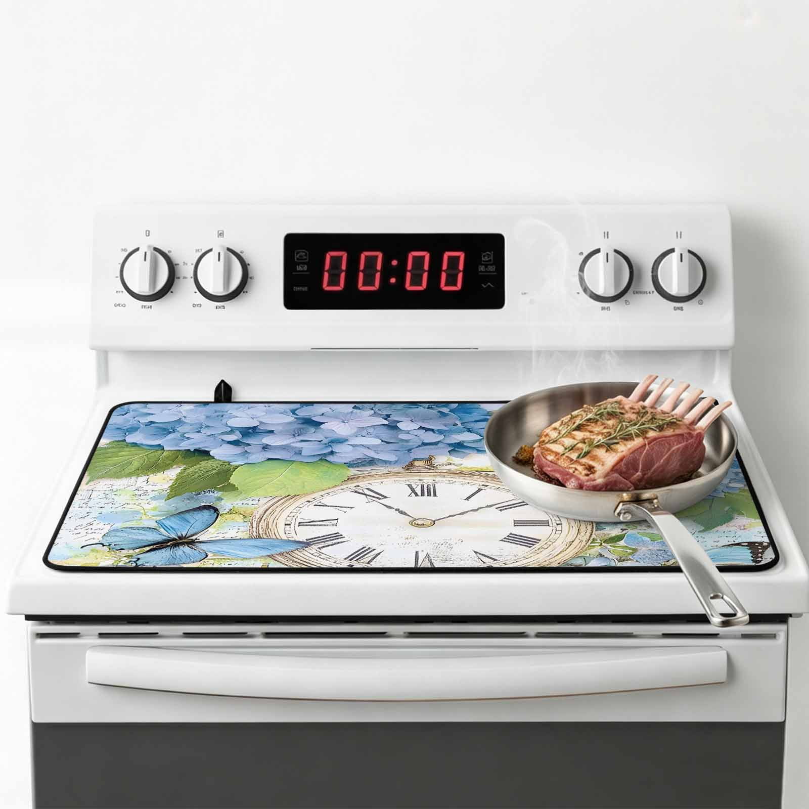 Blue Hydrangea Retro Stove Top Cover for Electric Stove, Heat-proof & Non Slip Glass Top Stove Cover Protector, Spring Summer Clock Butterfly Kitchen Flat Cooktop Rubber Mat 24x21 Inches