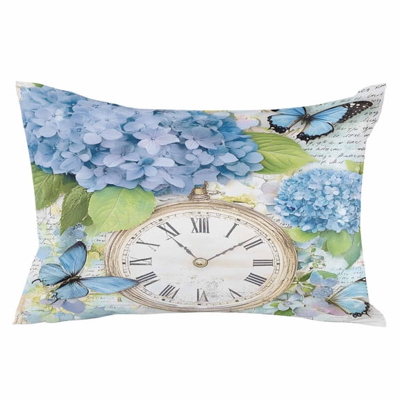 Blue Hydrangea Retro Throw Pillow Cover 12 x 20 Inch Decorative Pillow Cover Spring Summer Clock Butterfly Lumbar Pillowcase Seasonal Rectangle Cushion Case for Couch Sofa Bed Living Room