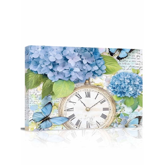 Blue Hydrangea Retro Wall Art for Living Room,Canvas Picture Wall Decor for Bathroom Bedroom,Spring Summer Clock Butterfly Painting Artwork for Office Kitchen Hallway Dining Room Home Decor 12"x16"