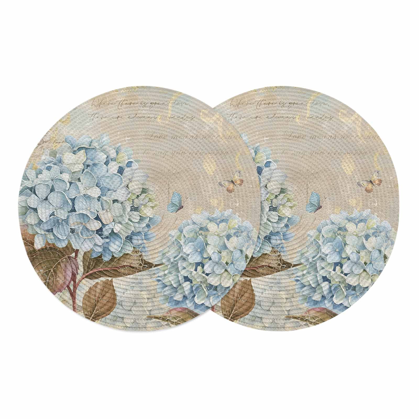 Blue Hydrangea Round 13 Inch Placemats Set of 2, Flowers Leaves ...
