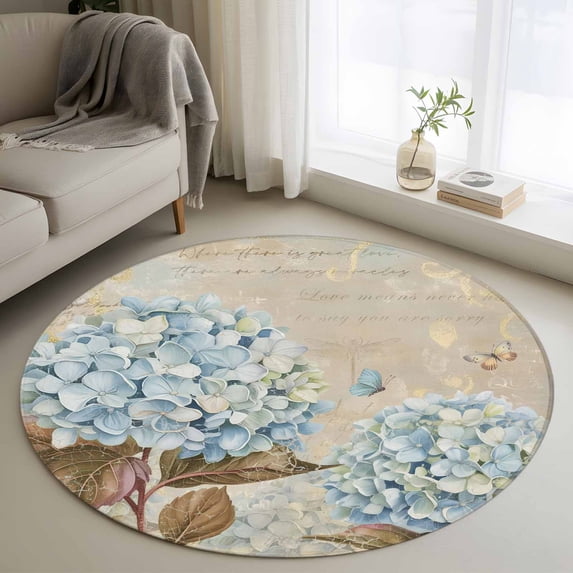 Blue Hydrangea Round Area Rug 3.3Ft Washable Circle Rugs for Dining ...