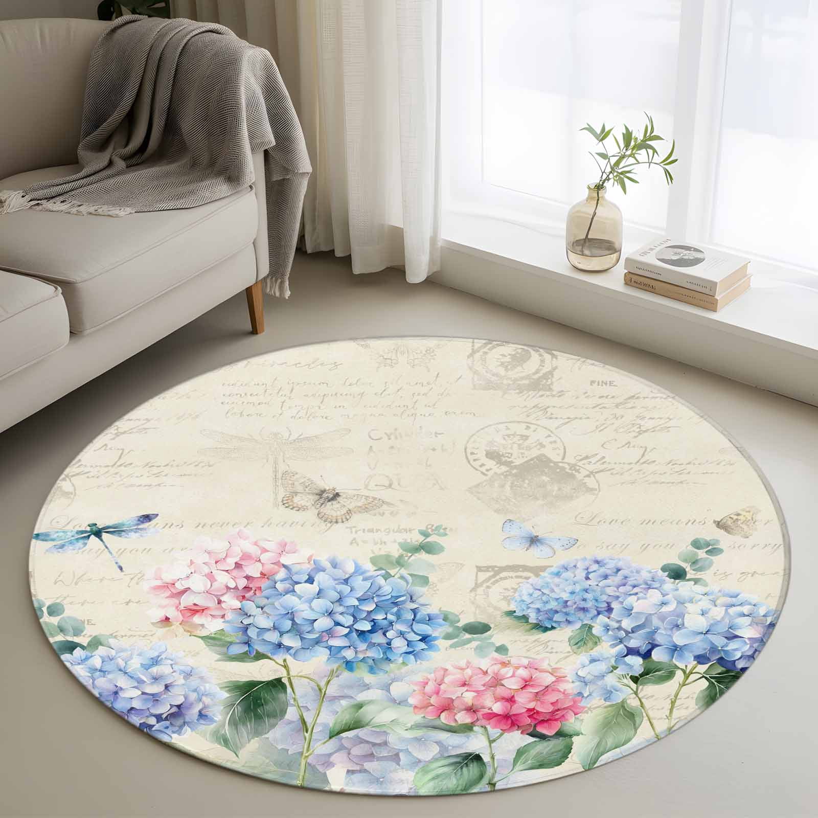 Blue Hydrangea Round Area Rug 3.3Ft Washable Circle Rugs for Dining ...