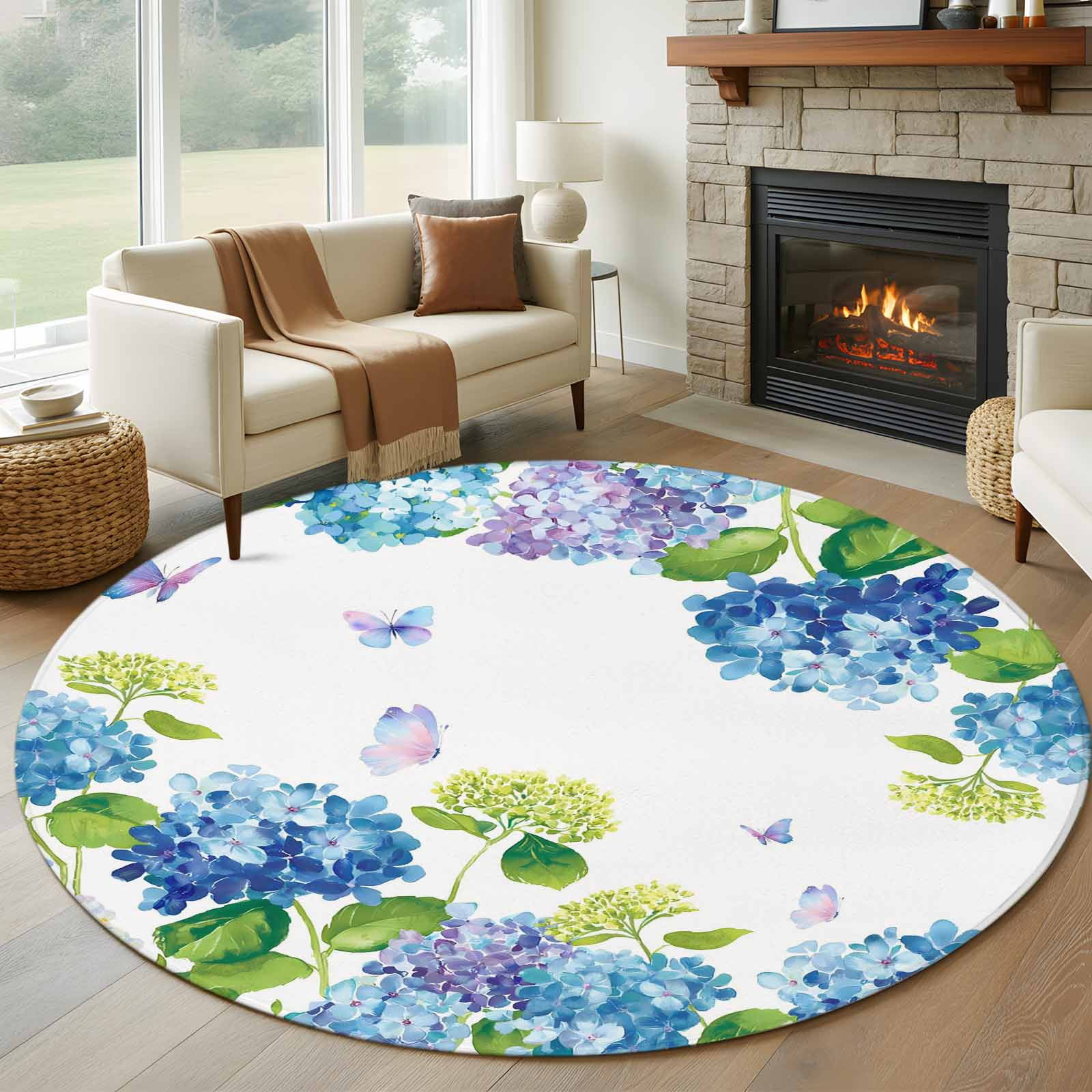 Blue Hydrangea Round Area Rug 5ft, Farmhouse Butterfly Spring Floral ...
