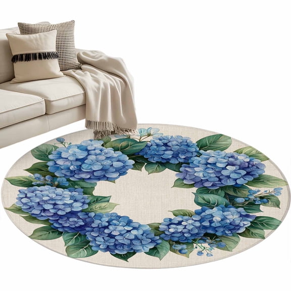 Blue Hydrangea Round Area&nbsp;Rug 3ft Spring Wreath Flower Non-Slip&nbsp;Washable Circle Rugs Soft Felt Indoor Floor Mat for Bedroom Kitchen Living Room Bathroom