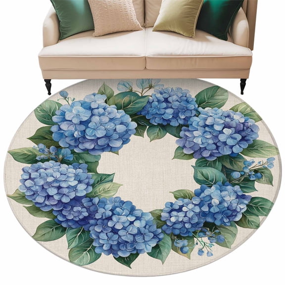 Blue Hydrangea Round Area&nbsp;Rug 5ft Spring Wreath Flower Non-Slip&nbsp;Washable Circle Rugs Soft Felt Indoor Floor Mat for Bedroom Kitchen Living Room Bathroom