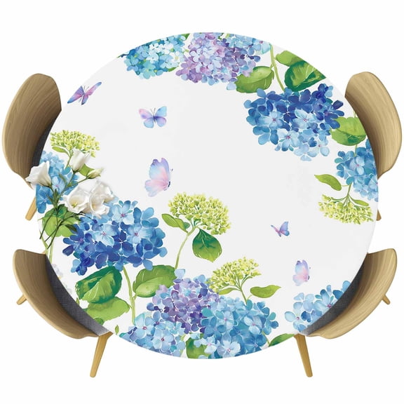 Blue Hydrangea Round Fitted Tablecloth with Elastic Edge, Watercolor Blue Purple Flower Green Leaf Butterfly Stretch Table Covers for 55"-60" Tables Wipeable Table Cloth for Outdoor