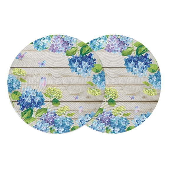 Blue Hydrangea Round Placemats Set of 2 Rustic Wooden Butterfly Spring ...