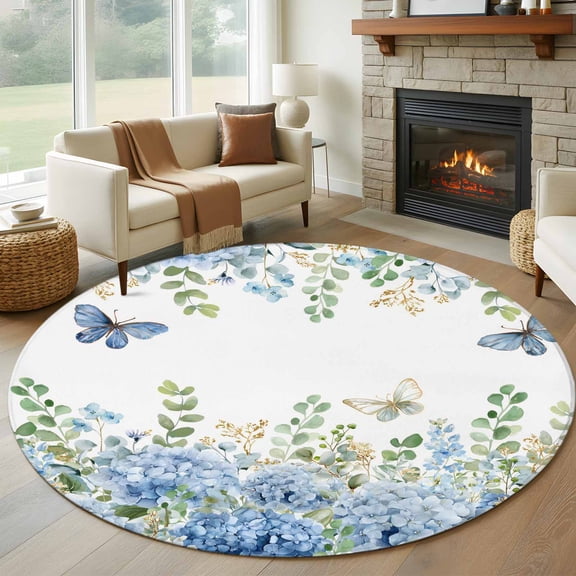 Blue Hydrangea Round Rug 5Ft Rustic Summer Blue Floral Butterfly Circle Area Rugs Washable Non Slip Indoor Floor Mats Carpet for Living Room Bedroom Dining Room Home Decor