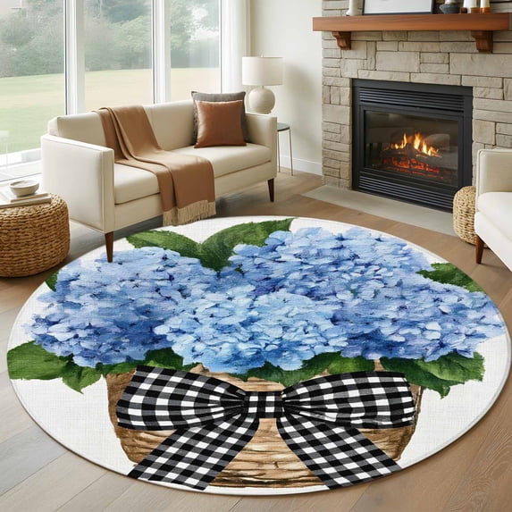 Blue Hydrangea Round Rug 6ft Washable Circle Kitchen Rugs Non Slip ...