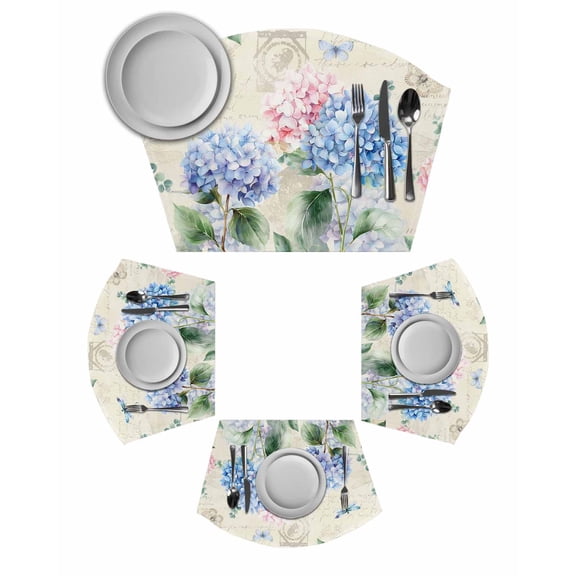 Blue Hydrangea Round Table Placemats Set of 6 Wedge Placemats, Pink Flowers Spring Botanical Country Plants Place Mats for Dining Table Set Washable Mats Kitchen Decor for Indoor Outdoor Wipe Clean