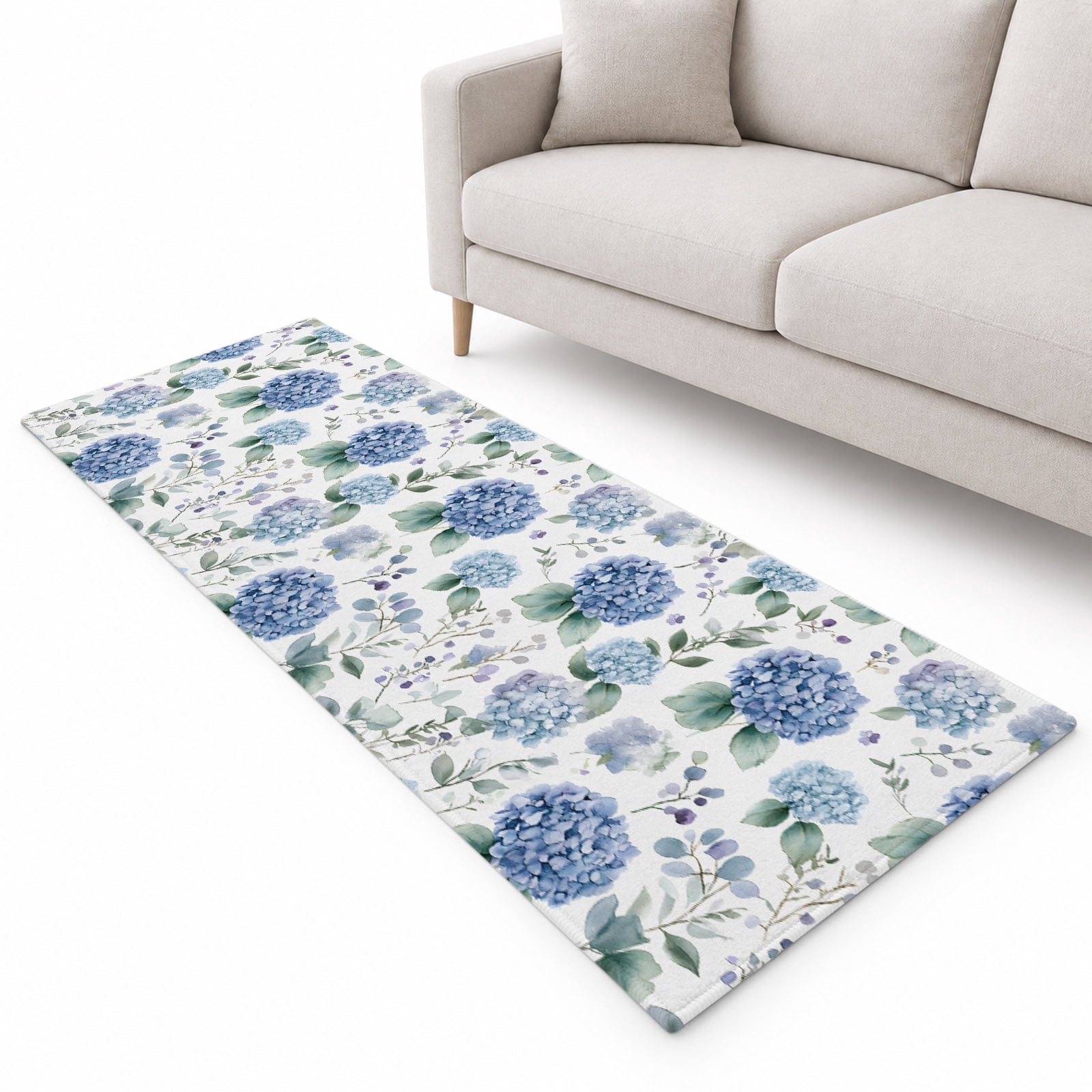 Blue Hydrangea Runner Rug 2.6'x8', Eucalyptus Leaves Watercolor Plant ...