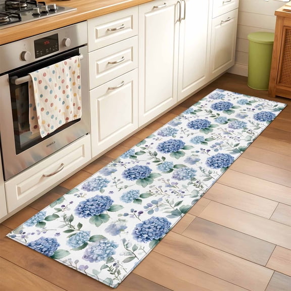 Blue Hydrangea Runner Rugs 2x6 ft Eucalyptus Leaves Watercolor Plant Farm Washable Hallway Rugs Non-Slip Floor Mats Absorbent Carpet Bedside Runners for Bedroom Kitchen Bathroom Laundry Room