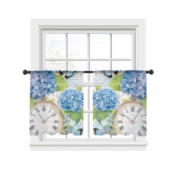 Blue Hydrangea Sheer Curtains 2 Panels Set Vintage Clock Butterfly Sheer Window Curtains Light Filtering Rod Pocket Voile Drapes for Bedroom Living Room 52"x45"