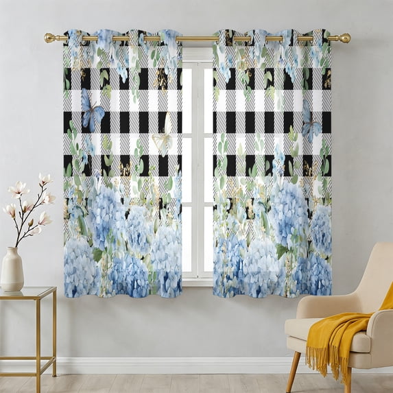 Blue Hydrangea Sheer Curtains 45 Inch Long 2 Panels, Rustic Summer Blue ...